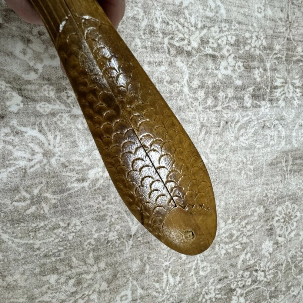 Vintage 1970s Carved Wood Fish Shape Double Nut Cracker 8